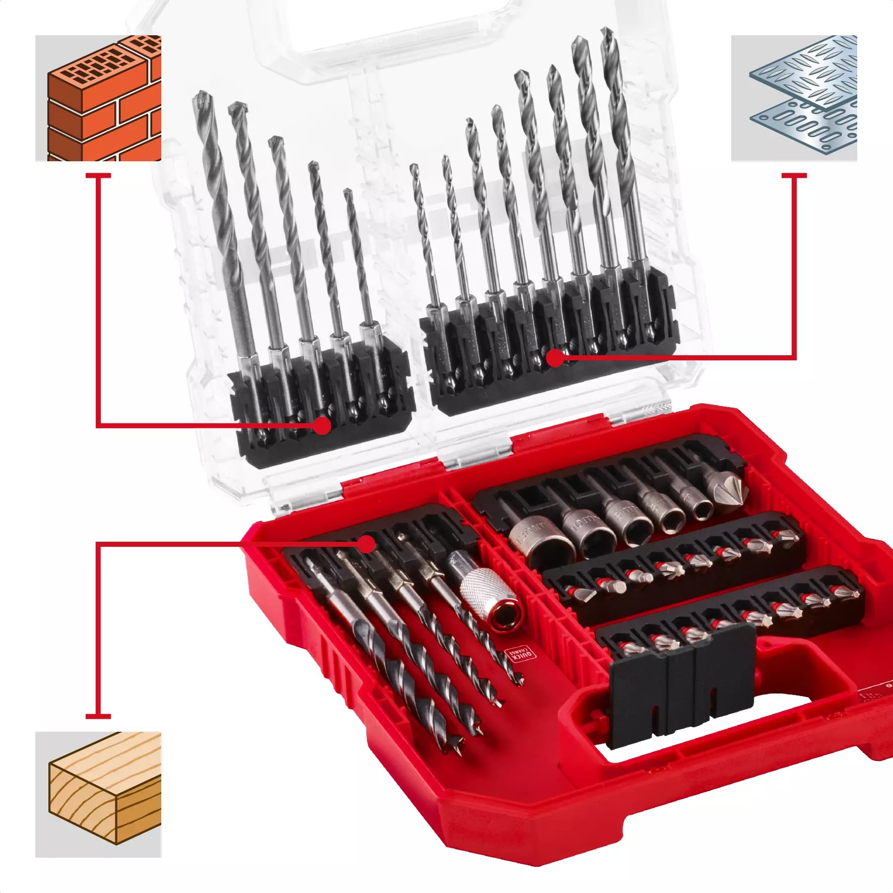 Set 40 burghie si biti Einhell L-CASE 49109053, 25 mm, suport biti cu schimbare rapida, chei tubulare, burghiu cap infundat