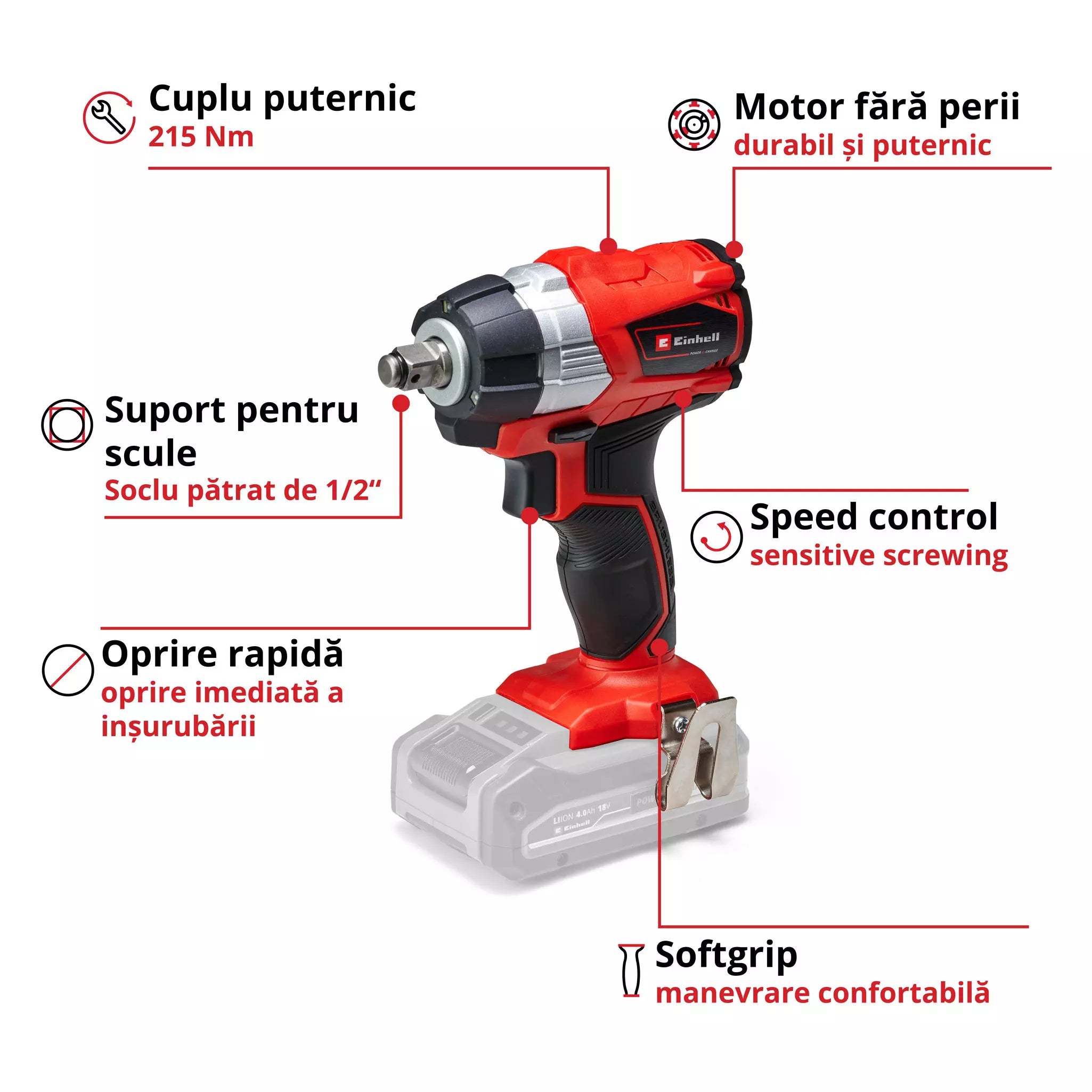 EINHELL TP-CW 18 Li Brushless  PROFESSIONAL Cheie cu impact fara cablu + Set 1 acumulator si incarcator, Li-Ion, 18 V, 2.5 Ah - 0