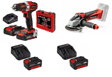 EINHELL Pachet TE-CD 18/40 (2x1.5Ah) +  TE-AG 18/115 LI SOLO + 2buc. STARTER KIT 18V 4.0 Ah