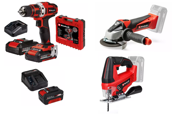 EINHELL Pachet: TE-CD 18/40 (2x1.5Ah) + TE-AG 18/115 LI SOLO + TC-JS 18 LI SOLO + STARTER KIT 18V 4.0Ah